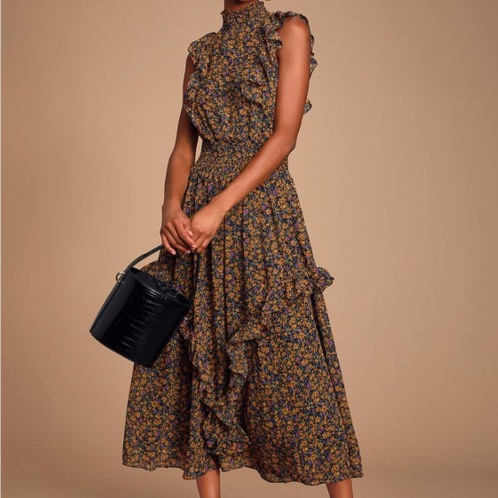 Lulus Mustard Yellow Floral Print Mock Neck Midi Dress